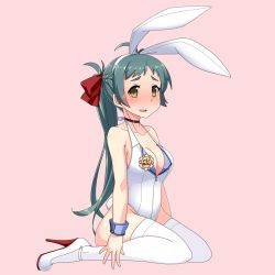 Rule 34 | 10s, 1girl, adapted costume, animal ears, blush, braid, breasts, choker, fake animal ears, french braid, green hair, irako (kancolle), kantai collection, leotard, long hair, looking at viewer, medium breasts, name tag, pink background, playboy bunny, ponytail, rabbit ears, rabbit tail, signature, simple background, sitting, solo, tail, thighhighs, tun, wariza, white leotard, white thighhighs, wrist cuffs, yellow eyes