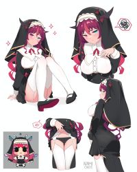 Rule 34 | 1girl, absurdres, alternate costume, arched back, ass, asymmetrical bangs, black dress, black footwear, black panties, blush, bow, breasts, clothes lift, demon girl, demon horns, doll, dress, dress lift, from behind, garter belt, garter straps, habit, heterochromia, highres, hololive, hololive english, horns, irys (hololive), large breasts, legs folded, long sleeves, looking at viewer, lower body, multicolored hair, multiple horns, namiorii, nun, panties, red hair, shoes, signature, simple background, sitting, solo, thighhighs, thighs, underwear, upper body, veil, virtual youtuber, white background, white thighhighs