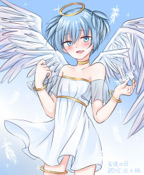 Rule 34 | 1boy, ansatsu kyoushitsu, bangle, blue eyes, blue hair, blush, bracelet, choker, collarbone, crossdressing, detached sleeves, feathered wings, feathers, halo, jewelry, looking at viewer, male focus, open mouth, shiota nagisa, short hair, short twintails, simple background, skirt, smile, solo, tenten (kitty), trap, twintails, wings