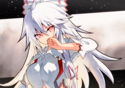 Rule 34 | 1girl, bow, closed mouth, collared shirt, fujiwara no mokou, hair between eyes, hair bow, highres, long hair, long sleeves, qqqrinkappp, red eyes, shirt, solo, suspenders, torn clothes, torn shirt, touhou, traditional media, upper body, white bow, white hair, white shirt