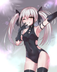 Rule 34 | 1girl, adapted costume, armpit crease, armpits, beruko14, black thighhighs, blush, breasts, destroyer (girls&#039; frontline), girls&#039; frontline, hair between eyes, highres, leotard, long hair, medium breasts, revision, sangvis ferri, silver hair, solo, sweat, thighhighs, twintails, v, very long hair, yellow eyes