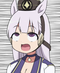 Rule 34 | 1girl, ahegao, animal ears, breasts, bridle, choker, cleavage, commentary request, ear covers, gold ship (umamusume), horse ears, horse girl, large breasts, open mouth, portrait, purple eyes, purple hair, rolling eyes, school uniform, solo, starting future (umamusume), super masara, super masara ahegao, tracen school uniform, umamusume