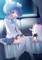 Rule 34 | 1girl, blouse, blue hair, blue theme, bow, bowtie, chiyingzai, couch, female focus, hair bobbles, hair bow, hair ornament, hands on lap, indoors, looking down, night, original, pillow, pink eyes, purple eyes, sad, shirt, short hair, sitting, skirt, solo, stuffed animal, stuffed rabbit, stuffed toy, thighhighs, twintails, white thighhighs, window, zettai ryouiki