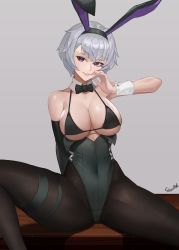 Rule 34 | 1girl, animal ears, arm behind back, arm up, armpits, azur lane, bare shoulders, bikini, bikini top only, black bikini, black bow, black bowtie, black hairband, black pantyhose, bow, bowtie, breasts, cleavage, covered navel, d.sum, detached collar, detached sleeves, fake animal ears, green leotard, hairband, highleg, highleg leotard, highres, large breasts, leotard, leotard pull, long sleeves, looking at viewer, official alternate costume, pantyhose, parted lips, playboy bunny, purple eyes, rabbit ears, reno (azur lane), reno (reno bunnino) (azur lane), short hair, signature, silver hair, single detached sleeve, sitting, smile, solo, spread legs, swimsuit, thigh strap, thighs, wrist cuffs