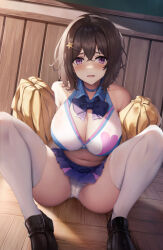 Rule 34 | 1girl, ass, bare shoulders, black footwear, blue choker, blue skirt, bow, bowtie, breasts, brown hair, cameltoe, cheerleader, choker, cleavage, crop top, crotch seam, detached collar, highres, holding, holding pom poms, knees up, large breasts, liya, loafers, looking at viewer, midriff, miniskirt, navel, open mouth, original, panties, pleated skirt, pom pom (cheerleading), pom poms, purple eyes, shirt, shoes, short hair, sitting, skirt, sleeveless, sleeveless shirt, solo, stomach, thighhighs, thighs, underwear, white panties, white shirt, white thighhighs