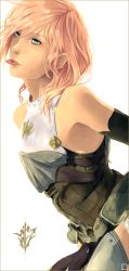 Rule 34 | 10s, 1girl, absurdres, armor, armpits, asymmetrical hair, breastplate, final fantasy, final fantasy xiii, final fantasy xiii-2, highres, lightning farron, looking at viewer, olean, petals, pink hair, pteruges, side part, sleeveless, solo