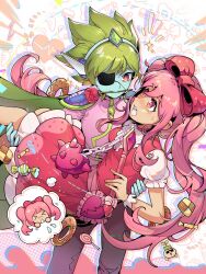 Rule 34 | 1boy, 1girl, blue skin, blush, bow, candy, captain spaceboy, cardiogram, carrying, colored skin, dark-skinned female, dark skin, doughnut, eyepatch, flower, flower in mouth, food, green hair, hair bow, heartbeat, highres, lollipop, long hair, looking at another, omori, open mouth, pink bow, pink hair, princess carry, puffy short sleeves, puffy sleeves, red eyes, red flower, red rose, rose, short hair, short sleeves, sprout mole mike, sunglasses, sweetheart (omori), twintails, zs zealsummer