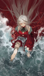 1girl :| afloat aqua_gloves arknights ascot bare_shoulders black_ascot breasts chinese_commentary cleavage_cutout closed_mouth clothing_cutout commentary_request detached_sleeves dress expressionless gloves kumatangent long_hair long_sleeves looking_to_the_side medium_breasts ocean red_dress red_eyes red_ocean skadi_(arknights) skadi_the_corrupting_heart_(arknights) solo straight_hair very_long_hair white_hair