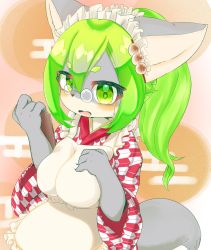 Rule 34 | 1girl, absurdres, animal ears, apron, breasts, character request, female focus, fullbokko heroes, furry, furry female, glasses, green eyes, green hair, highres, large breasts, no humans, ponytail, solo, tail, yurari (yurari yr)