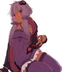 Rule 34 | 1girl, arm support, criss-cross halter, dress, expressionless, ganeshia, hair ornament, halter dress, halterneck, hood, hood down, hoodie, looking at viewer, low twintails, open clothes, open hoodie, purple dress, purple eyes, purple hair, purple thighhighs, short hair with long locks, simple background, sitting, solo, strap pull, symbol-shaped pupils, thighhighs, twintails, voiceroid, white background, yokozuwari, yuzuki yukari, zettai ryouiki