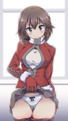 Rule 34 | 1girl, 547th sy, alternate costume, blush, breasts, brown hair, christmas, clothes lift, fur trim, gloves, hair between eyes, hayasui (kancolle), highres, jacket, kantai collection, large breasts, lifting own clothes, long sleeves, panties, purple eyes, red gloves, santa costume, short hair, skirt, skirt lift, smile, solo, underwear, white panties
