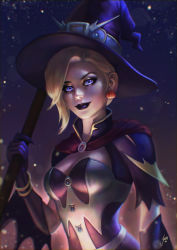 Rule 34 | 1girl, absurdres, black lips, blonde hair, blue eyes, breasts, broom, cleavage, dark background, earrings, eyeshadow, food-themed earrings, food themed earrings, glitter, hat, highres, jewelry, june jenssen, lipstick, looking at viewer, makeup, mercy (overwatch), official alternate costume, overwatch, overwatch 1, pumpkin earrings, solo, upper body, witch, witch hat, witch mercy