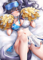 Rule 34 | 1girl, absurdres, animal ears, been, black hair, blue archive, blue eyes, blunt bangs, breasts, cameltoe, cheerleader, cleavage, collar, crop top, detached collar, dog ears, dog girl, dog tail, eyewear on head, facial mark, goggles, goggles on head, hands up, hibiki (blue archive), hibiki (cheer squad) (blue archive), highres, holding, holding pom poms, knee up, large breasts, long hair, lying, millennium cheerleader outfit (blue archive), miniskirt, navel, official alternate costume, on back, paid reward available, panties, pixiv username, pleated skirt, pom pom (cheerleading), pom poms, see-through, sidelocks, skirt, solo, star (symbol), star facial mark, star sticker, stomach, tail, text print, thighs, twitter username, underwear, white collar, white panties, white skirt