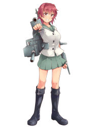 Rule 34 | 10s, 1girl, aiming, aiming at viewer, black footwear, boots, full body, grin, kakiha makoto, kantai collection, kinu (kancolle), knee boots, looking at viewer, mecha musume, red eyes, red hair, school uniform, short hair, simple background, skirt, smile, solo, standing, white background