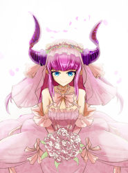 Rule 34 | 10s, 1girl, absurdres, bare shoulders, blue eyes, bouquet, bride, dragon girl, dress, elizabeth bathory (fate), elizabeth bathory (fate), fate/extra, fate/extra ccc, fate/grand order, fate (series), flower, highres, horns, long hair, looking at viewer, petals, pink hair, simple background, smile, tagme, wedding, wedding dress, white background