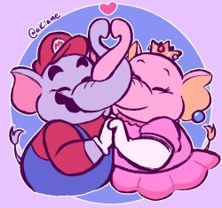 Rule 34 | 1boy, 1girl, akiiame, blue overalls, cabbie hat, cheek-to-cheek, colored skin, crown, dress, earrings, elbow gloves, elephant, elephant mario, elephant peach, facial hair, furry, gloves, grey skin, hat, heads together, heart, highres, holding hands, initial, interlocked fingers, jewelry, letter print, long sleeves, mario, mario (series), mini crown, mustache, nintendo, overalls, pink dress, pink skin, princess peach, red headwear, red shirt, shirt, super mario bros. wonder, thick eyebrows, transformation, twitter username