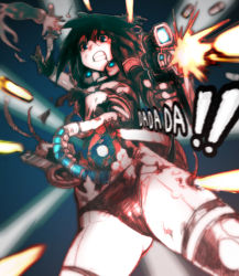 Rule 34 | 1girl, action, android, bad id, bad pixiv id, black hair, black panties, blue eyes, clenched teeth, damaged, dismemberment, firing, from below, gun, guro, holding, holding gun, holding knife, holding weapon, hose, injury, knife, ladic, mechanical parts, original, panties, shell casing, solo, sound effects, submachine gun, teeth, underwear, weapon