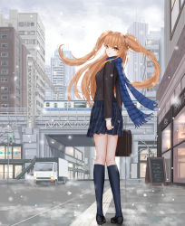 Rule 34 | 1girl, arms at sides, bird, black footwear, black socks, blue scarf, blue skirt, breasts, brown eyes, brown hair, brown jacket, building, cafe, cityscape, cloud, cloudy sky, day, floating hair, fringe trim, from behind, full body, grey sky, highres, jacket, kneepits, knees together feet apart, legs, loafers, long hair, long sleeves, looking at viewer, looking back, medium breasts, motion blur, motor vehicle, ogiso setsuna, outdoors, plaid, plaid skirt, pleated skirt, road, scarf, scenery, school uniform, shoes, skirt, sky, skyscraper, snow, snowing, socks, solo, stairs, standing, tactile paving, thighs, truck, two side up, very long hair, white album (series), white album 2, winter, yuzuriha (atelier liang)