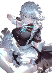 Rule 34 | 1girl, apron, black dress, blue eyes, braid, buttons, dress, fingernails, frilled apron, frilled dress, frills, grey hair, hair between eyes, highres, holding, holding knife, izayoi sakuya, knife, maid, maid apron, maid headdress, open mouth, puffy short sleeves, puffy sleeves, short hair, short sleeves, simple background, solo, thighhighs, touhou, twin braids, u u zan, waist apron, white apron, white background, white thighhighs, wrist cuffs