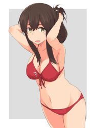 Rule 34 | 1girl, akagi (kancolle), armpits, arms up, bikini, border, breasts, brown eyes, brown hair, cleavage, cowboy shot, folded ponytail, front-tie top, grey background, groin, highres, holding, holding own hair, kantai collection, kugui kiyunemu, large breasts, long hair, navel, open mouth, red bikini, solo, straight hair, swimsuit, two-tone background, white border