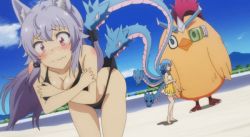 Rule 34 | 1boy, 2girls, ahoge, animal ears, animated, animated gif, ass, beach, bikini, bird, black bikini, blue hair, blush, breasts, chick, cleavage, collarbone, covering breasts, covering privates, genderswap, genderswap (mtf), groin, hair ornament, hydra (kaijin kaihatsubu no kuroitsu-san), kaijin kaihatsu-bu no kuroitsu-san, large breasts, long hair, multiple girls, ocean, pulling, pulling another&#039;s clothes, pulling at clothes, pulling clothes, red eyes, swimsuit, tail, thighs, wedgie, wide hips, wolf bate, wolf ears, wolf girl, wolf tail