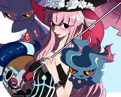 Rule 34 | 1girl, 2others, arm tattoo, artist request, bare shoulders, black dress, black hat, breasts, cleavage, collarbone, creatures (company), crossover, dress, evolutionary line, eyelashes, flower, game freak, gen 2 pokemon, gen 4 pokemon, ghost, hat, hat flower, highres, kumacy, large breasts, long hair, looking at viewer, misdreavus, mismagius, multiple others, nintendo, one piece, perona, pink hair, pokemon, pokemon (creature), sidelocks, sleeveless, sleeveless dress, smile, solo, strapless, strapless dress, stuffed animal, stuffed toy, tattoo, teddy bear