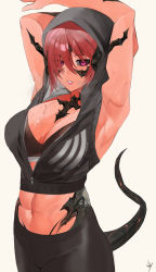 Rule 34 | 1girl, abs, absurdres, armpits, arms up, au ra, black hoodie, black horns, black pants, black sports bra, borrowed character, breasts, cleavage, colored skin, commission, dragon horns, dragon tail, final fantasy, final fantasy xiv, hair over one eye, highleg, highleg panties, highres, hood, hood up, hoodie, horns, hot, j.moon, large breasts, muscular, muscular female, navel, panties, pants, pink eyes, pink skin, red hair, scales, short hair, sleeveless, sleeveless hoodie, solo, sports bra, stretching, sweat, tail, underwear, unzipped, yoga pants, zax magma