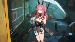 Rule 34 | 1girl, absurdres, animal ears, bare shoulders, bottle, breasts, character request, cleavage, copyright request, drill hair, fake animal ears, fingerless gloves, flower, gloves, highres, holding, holding flower, holding umbrella, large breasts, long hair, looking at viewer, outdoors, pink eyes, pink hair, rabbit ears, rosehip t72, smile, solo, thigh strap, umbrella, vending machine