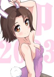 Rule 34 | 1girl, 2023, animal ears, arm up, armpits, text background, bare shoulders, black pantyhose, breasts, brown eyes, brown hair, buchikaki, chinese zodiac, closed mouth, commentary, covered navel, fake animal ears, fake tail, girls und panzer, leotard, light blush, looking at viewer, medium breasts, new year, pantyhose, parted bangs, pink leotard, playboy bunny, rabbit ears, rabbit tail, sawa azusa, short hair, smile, solo, standing, tail, year of the rabbit