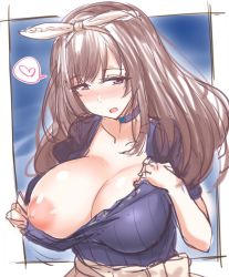 Rule 34 | 1girl, blue shirt, blush, breasts, brown hair, choker, clothes pull, collarbone, cross, futoshi, futoshi (suraimu), heart, huge breasts, idolmaster, idolmaster shiny colors, inverted cross, large areolae, long hair, nipples, no bra, one breast out, open mouth, parted bangs, puffy nipples, shirt, shirt pull, sketch, spoken heart, tsukioka kogane, upper body