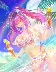 Rule 34 | 1girl, beach, bikini, breasts, collarbone, day, fate/grand order, fate (series), flower, food, frilled bikini, frilled skirt, frills, hair between eyes, hair flower, hair ornament, highres, holding, holding food, holding ice cream, ice cream, ice cream cone, large breasts, licking lips, long hair, looking at viewer, natsujiru, navel, off-shoulder bikini, off shoulder, outdoors, purple bikini, purple hair, red eyes, scathach (fate), scathach skadi (swimsuit ruler) (fate), see-through, skirt, solo, swimsuit, thighs, tongue, tongue out, twintails, upper body