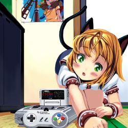 Rule 34 | 1girl, :d, :o, ahoge, all fours, animal ears, arm behind back, bird, bird (wonder project), blonde hair, blue eyes, blush, bracelet, breasts, brown hair, buruma, buttons, cat ears, cat tail, controller, eyebrows, f-zero, famicom, fang, game console, game controller, gamepad, green eyes, head tilt, holding own arm, indoors, instrument, jewelry, josette, kouno (masao), looking at viewer, necklace, nintendo, ocarina, on floor, open mouth, orange hair, original, parted bangs, poster (medium), poster (object), puffy short sleeves, puffy sleeves, school uniform, serafuku, shoes, short hair, short sleeves, short twintails, small breasts, smile, solo, super famicom, super nintendo, tail, tatami, twintails, video game, wonder project j2