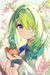 Rule 34 | 1girl, antlers, avocado, blush, braid, braided bangs, branch, breasts, brooch, ceres fauna, cherry blossoms, cleavage, cleavage cutout, clothing cutout, cupping hands, earrings, falling petals, flower, food, fruit, gem, green hair, greypidjun, hair flower, hair intakes, hair ornament, hair over one eye, hair rings, high collar, highres, holding, holding food, holding fruit, hololive, hololive english, horns, jewelry, leaf, long hair, long sleeves, looking at viewer, mole, mole under eye, nail polish, neck ribbon, own hands together, parted bangs, peach, petals, ribbon, shoulder cutout, sleeves past wrists, smile, solo, strawberry, virtual youtuber, yellow eyes