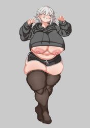Rule 34 | 1girl, black shorts, blush, breasts, brown thighhighs, claw pose, clenched teeth, closed eyes, clothes lift, collarbone, dolphin shorts, drawstring, facing viewer, full body, grey background, grey hair, grey hoodie, hair between eyes, head tilt, highres, hood, hood down, hoodie, hoodie lift, huge breasts, icecube2lazy, long sleeves, medium hair, navel, no shoes, open hands, open mouth, original, plump, shorts, simple background, skindentation, solo, sweatdrop, teeth, thick thighs, thighhighs, thighs