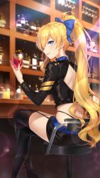 Rule 34 | 1girl, alcohol, back cutout, bar (place), bar stool, belt, black shirt, black shorts, black thighhighs, blonde hair, blue bow, blue eyes, blurry, bow, breasts, choker, clothing cutout, crop top, crossed legs, cup, depth of field, drink, drinking glass, duplicate, garter straps, girl cafe gun, glint, hair bow, hand up, highleg, highres, holding, holding cup, juno emmons, large breasts, lens flare, light rays, long hair, long sleeves, looking at viewer, looking back, midriff, official art, ponytail, profile, rokuwata tomoe, shirt, short shorts, shorts, sidelocks, sitting, smile, solo, stool, thighhighs, thighs, thong, tongue, tongue out, very long hair