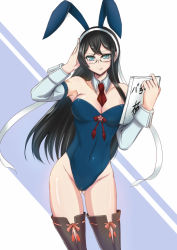 Rule 34 | 10s, 1girl, alternate costume, animal ears, aqua eyes, armpits, bare shoulders, black hair, blue eyes, blush, book, breasts, cleavage, covered navel, detached collar, detached sleeves, fake animal ears, female focus, glasses, groin, holding, kantai collection, kashiru, large breasts, legs, leotard, long hair, looking at viewer, necktie, ooyodo (kancolle), playboy bunny, rabbit ears, red necktie, salute, shiny skin, short necktie, skin tight, solo, standing, strapless, thighhighs, wrist cuffs