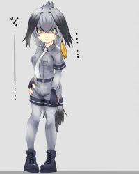 Rule 34 | ..., 10s, 1girl, belt, bird tail, black gloves, black hair, fingerless gloves, full body, gloves, grey background, grey hair, grey shirt, grey shorts, hand on own hip, kemono friends, long hair, looking at viewer, low ponytail, multicolored hair, necktie, orange hair, shirt, shoebill (kemono friends), short sleeves, shorts, side ponytail, simple background, sman, solo, standing, staring, tail, white necktie, yellow eyes