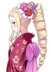 Rule 34 | 1girl, :&lt;, alternate costume, alternate hairstyle, beatrice (re:zero), blonde hair, blue eyes, blush, butterfly hair ornament, closed mouth, drill hair, drill ponytail, floral print, floral print kimono, flower, from side, hair flower, hair ornament, hand in own hair, japanese clothes, kimono, long hair, looking at viewer, obi, pink flower, pink pupils, pink sash, re:zero kara hajimeru isekai seikatsu, red flower, red kimono, s (hdru2332), sash, sideways glance, solo, standing, symbol-shaped pupils, upper body, white background