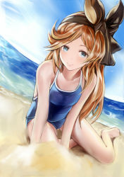 Rule 34 | 10s, 1girl, alternate costume, arm support, barefoot, beach, blue eyes, blue sky, blue one-piece swimsuit, breasts, brown hair, closed mouth, collarbone, competition school swimsuit, day, eyebrows, granblue fantasy, hairband, halterneck, long hair, looking at viewer, nannacy7, ocean, on ground, one-piece swimsuit, outdoors, sand, sara (granblue fantasy), school swimsuit, sitting, sketch, sky, small breasts, smile, solo, swimsuit, yokozuwari