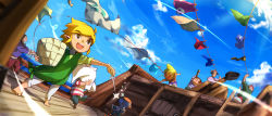 Rule 34 | 1girl, barefoot, conductor baton, blikeeeey, blonde hair, blue sky, clothes pin, cloud, highres, laundry, laundry basket, link, nintendo, open mouth, pointy ears, round eyewear, sky, smile, tetra, the legend of zelda, the legend of zelda: the wind waker, toon link, wind