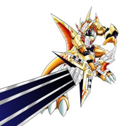 Rule 34 | 1boy, armor, belt, digimon, digimon (creature), digimon next, dragon, fake horns, full armor, full body, gold armor, green eyes, helmet, holding, holding sword, holding weapon, horned headwear, horned helmet, horns, huge weapon, looking to the side, multiple belts, muscular, no humans, official art, okano takeshi, red hair, shoulder armor, shoulder spikes, simple background, single horn, solo, spikes, sword, tail, victorygreymon, weapon, wings