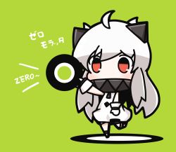 Rule 34 | 10s, 1girl, abyssal ship, ahoge, chibi, commentary request, dress, highres, horns, kantai collection, looking at viewer, mittens, northern ocean princess, nuu (nu-nyu), pale skin, red eyes, shade, solo, standing, standing on one leg, too literal, translation request, white dress, white hair