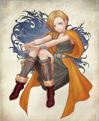 Rule 34 | 1girl, bad id, bad pixiv id, belt, bianca (dq5), blonde hair, blue eyes, boots, braid, cape, collar, dragon quest, dragon quest v, dress, earrings, hair over shoulder, jewelry, sitting, solo, suda ayaka