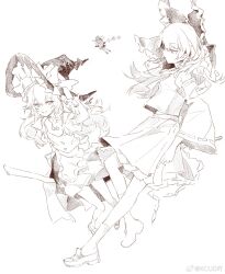 3girls bow brown_theme chinese_commentary closed_mouth commentary_request detached_sleeves frills full_body hair_between_eyes hair_bow hakurei_reimu hat highres kirisame_marisa kneehighs long_hair long_sleeves looking_at_another monochrome multiple_girls open_mouth profile ribbon-trimmed_sleeves ribbon_trim shameimaru_aya shoes skirt smile socks sparkle taking_picture touhou vest wide_sleeves witch_hat ya17033999