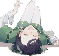 Rule 34 | 1boy, black hair, blush, braid, cape, closed eyes, commentary request, cup, drunk, genshin impact, green cape, green hair, green hat, hat, highres, holding, holding cup, lying, male focus, multicolored hair, on back, open mouth, poi poifu, simple background, solo, twin braids, upside-down, venti (genshin impact)
