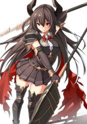 Rule 34 | &gt;:), 10s, 1girl, arm up, armor, belt, black dress, black gloves, black hair, black thighhighs, breasts, brown hair, closed mouth, draph, dress, dual wielding, elbow gloves, forte (shingeki no bahamut), gloves, granblue fantasy, greaves, hair between eyes, holding, holding weapon, horns, lance, large breasts, long hair, looking at viewer, pauldrons, polearm, red eyes, shingeki no bahamut, shiseki hirame, short dress, shoulder armor, smile, solo, thighhighs, v-shaped eyebrows, very long hair, weapon