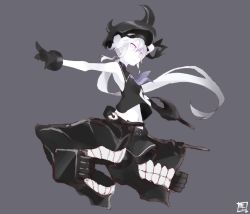 Rule 34 | 10s, 1girl, abyssal ship, amputee, arm cannon, bad id, bad twitter id, black gloves, choker, colored skin, crop top, destroyer princess, double amputee, full body, gloves, hat, horns, kantai collection, long hair, navel, purple background, purple eyes, school uniform, serafuku, shigino sohuzi, side ponytail, simple background, sleeveless, solo, turret, very long hair, weapon, white hair, white skin