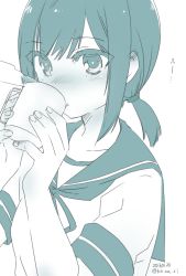 Rule 34 | 10s, 1girl, aqua theme, blue theme, blush, coffee cup, collarbone, cup, disposable cup, drinking, eyelashes, fingernails, fubuki (kancolle), green theme, hair tie, holding, holding cup, kantai collection, koruri, long hair, low ponytail, monochrome, nose blush, parted lips, ribbon, school uniform, serafuku, short sleeves, simple background, sleeve cuffs, solo, steam, tsurime, upper body, white background