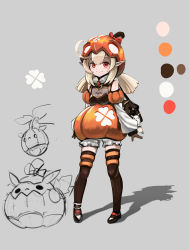 Rule 34 | 1girl, absurdres, ahoge, alternate costume, bad id, bad pixiv id, bag, bare shoulders, black footwear, blonde hair, blush, bow, brown bag, brown gloves, closed mouth, concept art, costume, fishnets, frills, genshin impact, gloves, grey background, halloween, halloween costume, helmet, highres, jack-o&#039;-lantern, jsih, klee (genshin impact), long hair, palette (object), pointy ears, pumpkin, red bow, red eyes, ribbed legwear, shadow, simple background, sketch, sleeves past wrists, smile, solo, standing, thigh strap, twintails