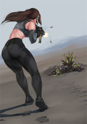 Rule 34 | 1girl, ass, bodysuit, breasts, brown hair, bug, from behind, full body, gloves, gun, highres, holding, holding gun, holding weapon, jacket, jewelry, long hair, medium breasts, monster, original, outdoors, pants, short ponytail, skin tight, solo, spider, weapon, zerogravitas